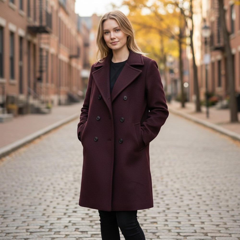 Express Pea Coat Womens Small Burgundy Double Breasted Water Resistant Wool